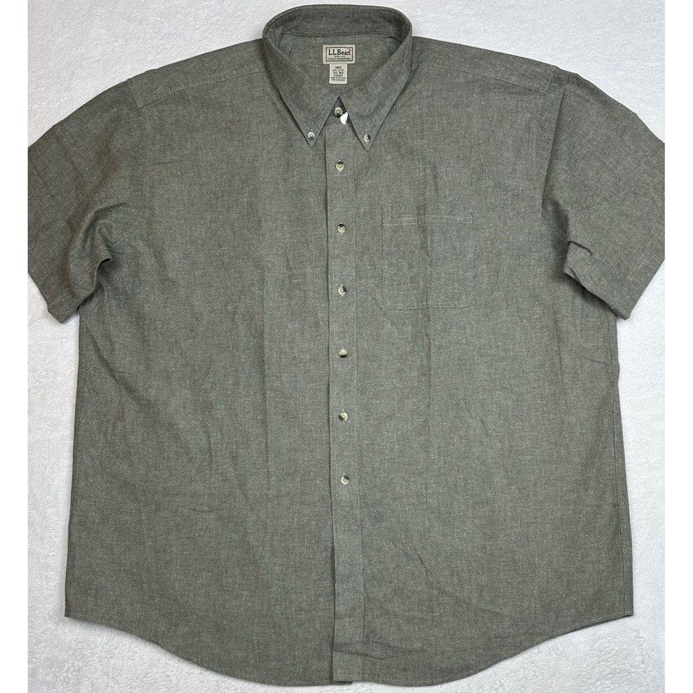 Y2K LL Bean Mens XXL Short Sleeve Button Down Shirt Olive Green Cotton 0DUG5